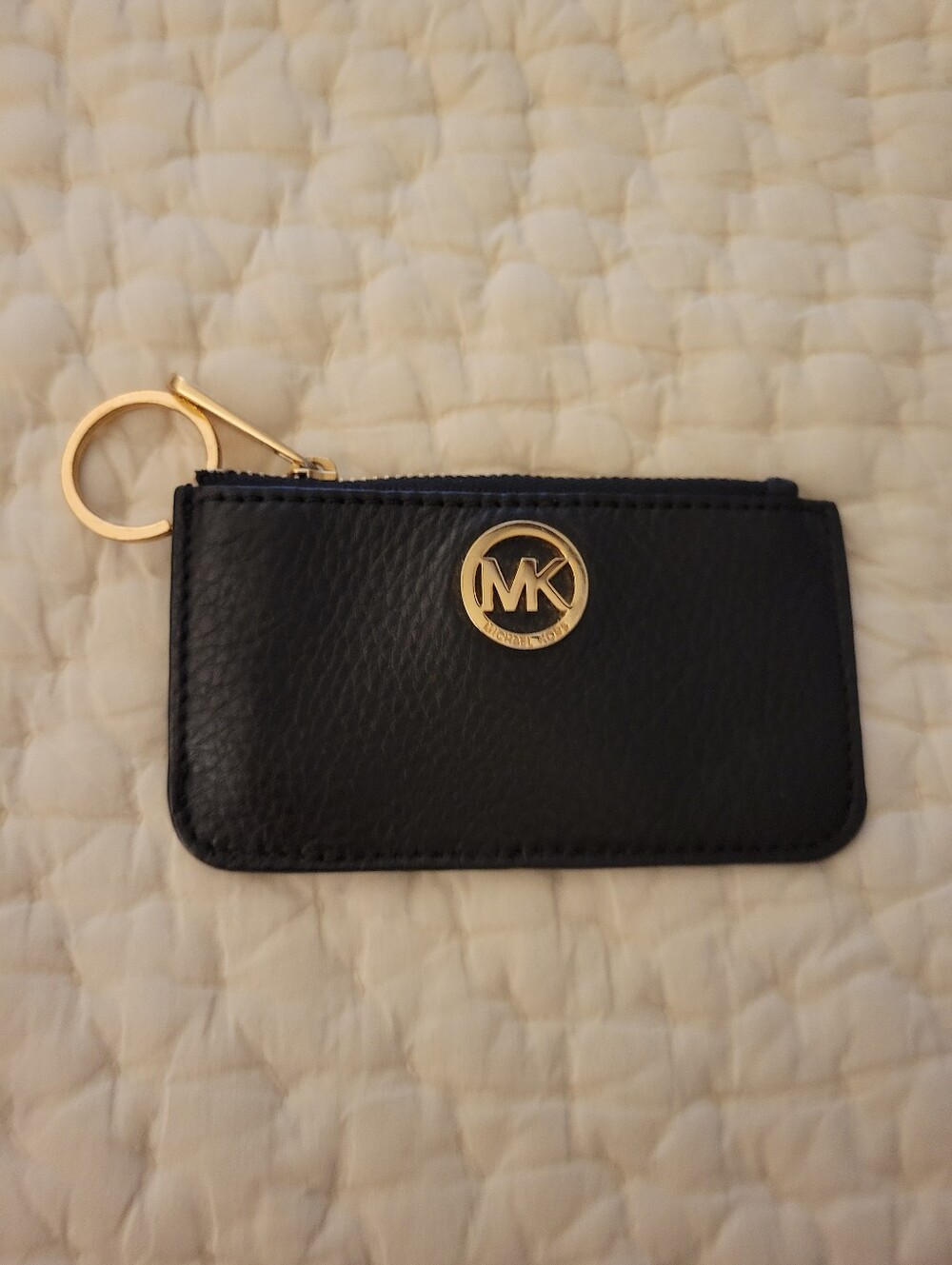 Michael Kors Black Leather Zip Card Case with Gold Keyring